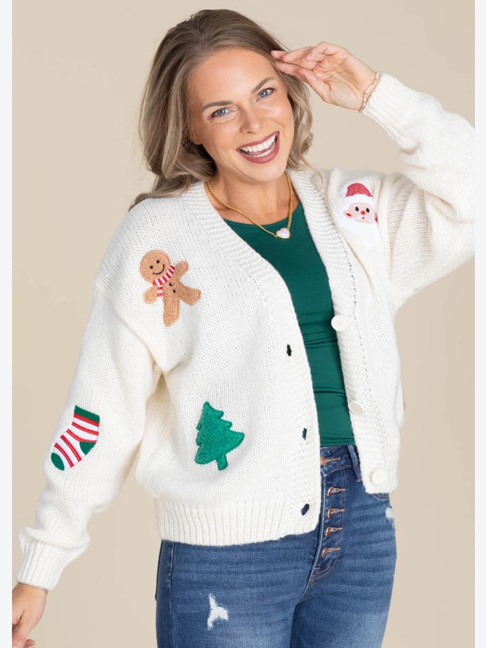 Mello Los Angeles Cream Christmas Holiday Patch Cardigan Sweater Chunky Knit